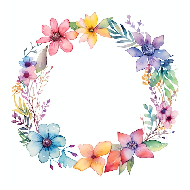 colorful round flower frame in a watercolor style