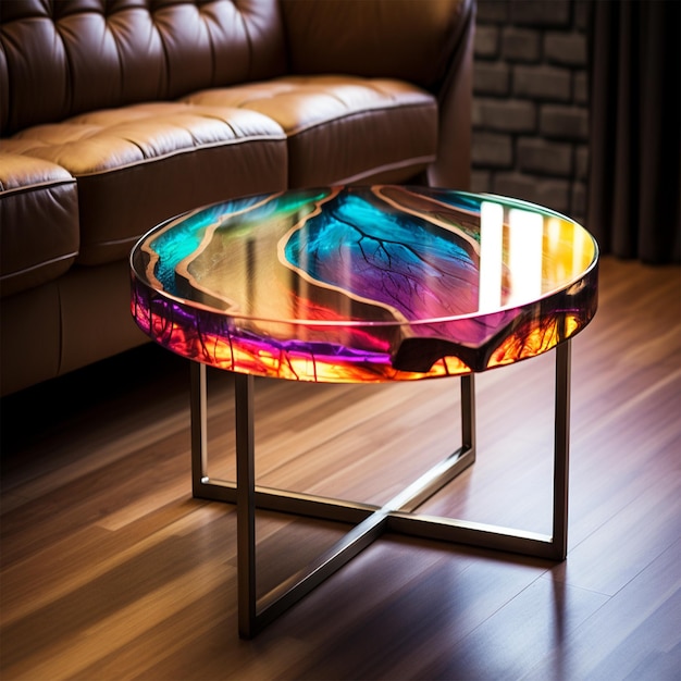 A colorful round shaped sofa table with the top mad