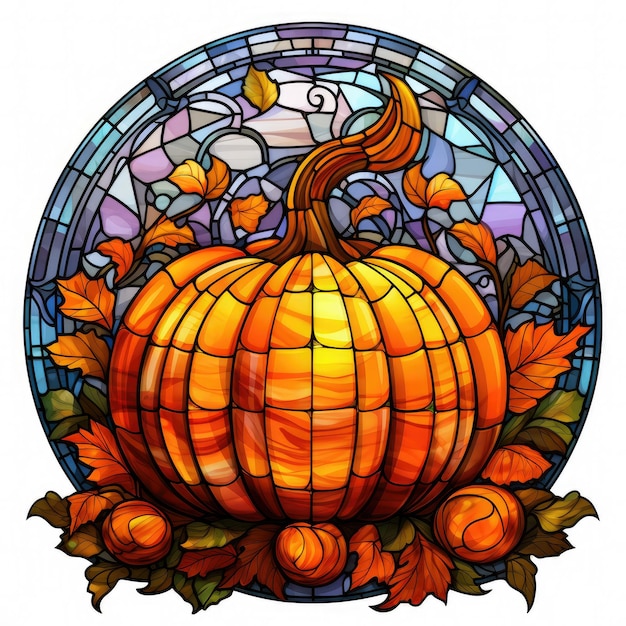 A colorful round stained glass mosaic of an orange pumpkin clipart on white background