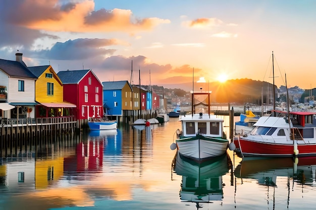 A colorful row of boats in a harbor with a sunset in the background
