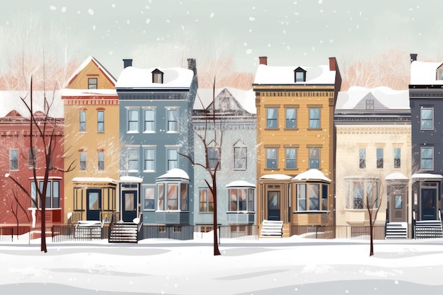 colorful row of buildings winter city town houses street city house design illustration
