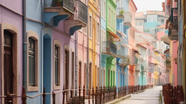 a colorful row of houses with balconies in the background.