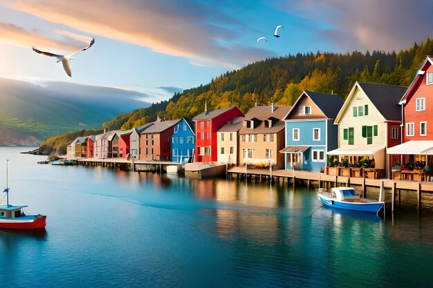 A colorful row of houses with a boat in the water