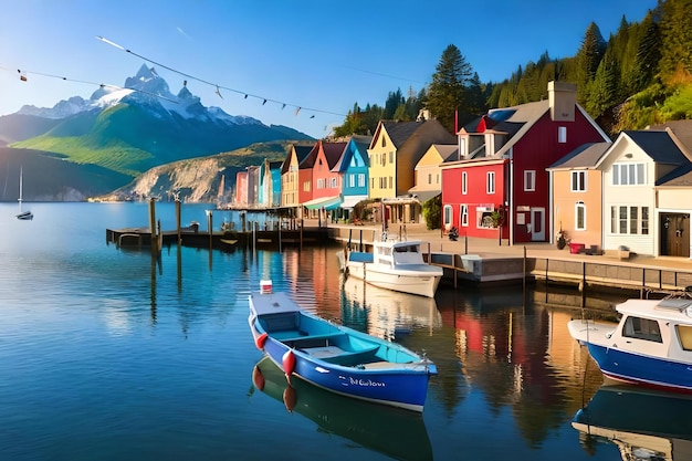 A colorful row of houses with a boat in the water