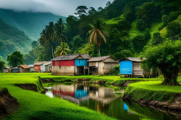 A colorful row of houses with a mountain in the background