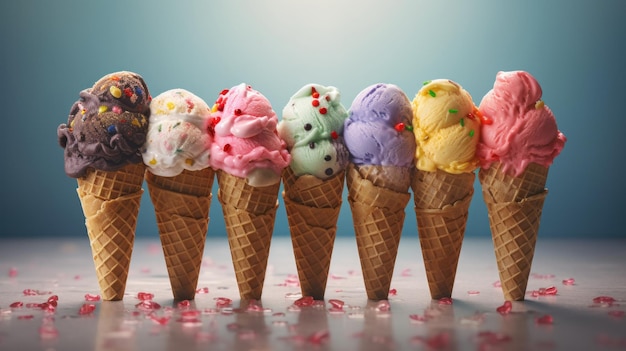 A colorful row of ice cream cones with various flavors and toppings Generative ai