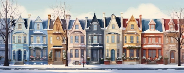 Foto fila colorata di townhouse sulla strada nello stile della neve contemporanea