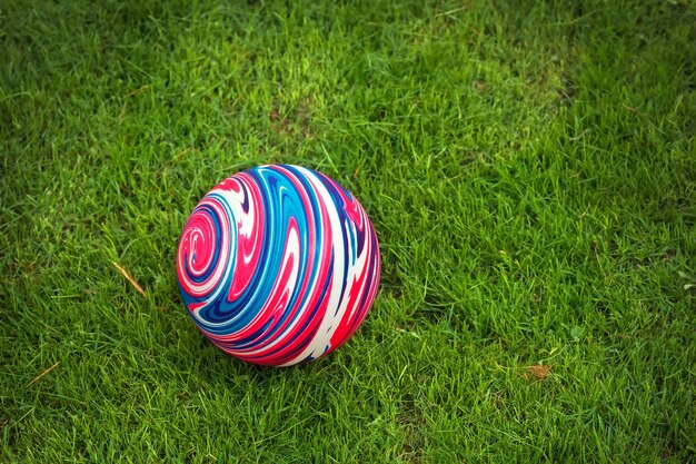 Colorful rubber ball on the green grass.