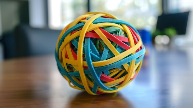 Foto i nastri di gomma colorati sono avvolti attorno a una palla creando un oggetto unico e interessante