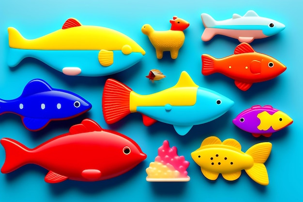 Colorful rubber bath toys bear fish duck butterfly isolated on blue background