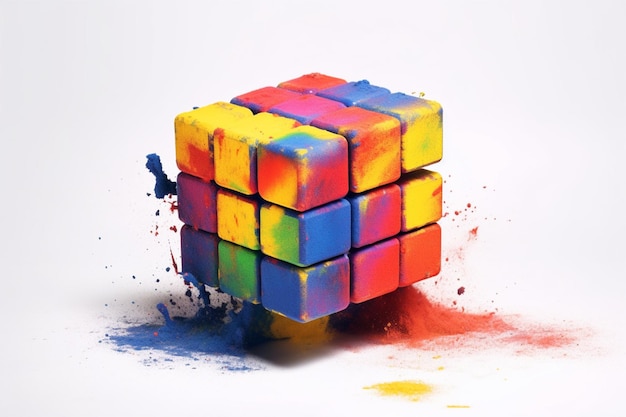 Photo a colorful rubik cube is on a white background with paint splatters
