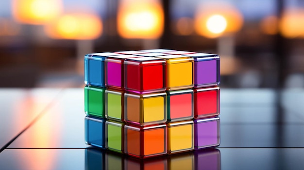 테이블 위 에 있는 다채로운 루빅 큐브