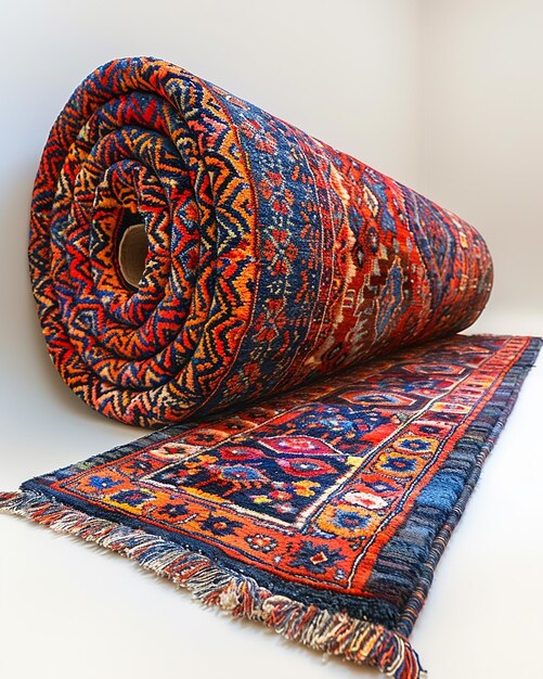 Photo a colorful rug with a blue and red design on it