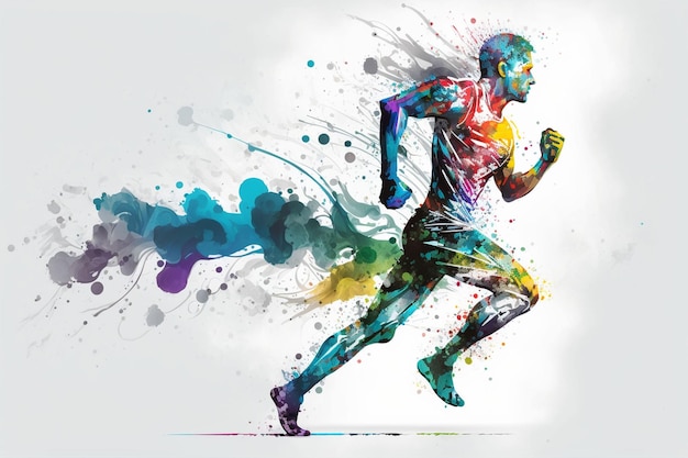 A colorful runner is running with colorful drops and sprays.