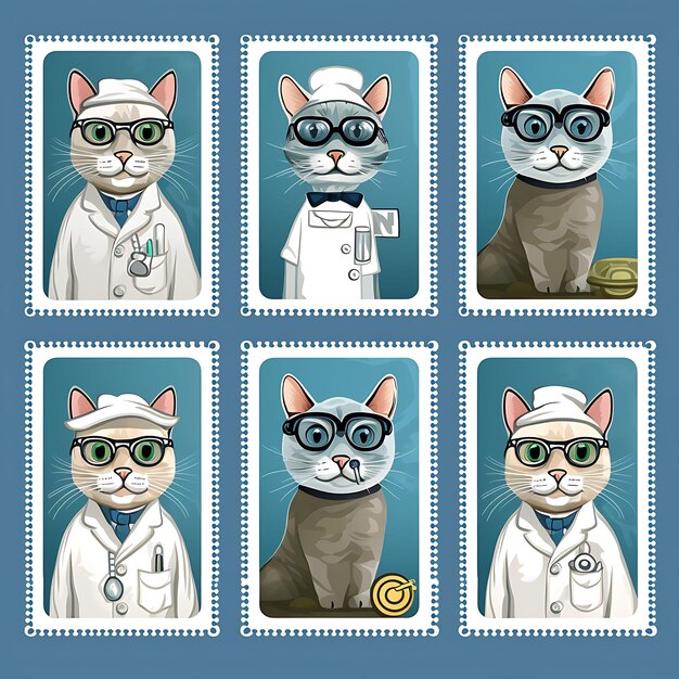 Photo colorful russian blue cat with doctors coat wearing glasses and holdi animal stamp collection idea