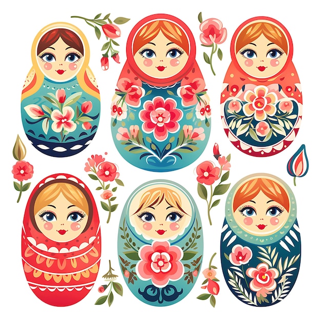 Фото Красочные русские матриошки гнездовые куклы яркие цвета деревянные круглые творческие концептуальные идеи дизайна