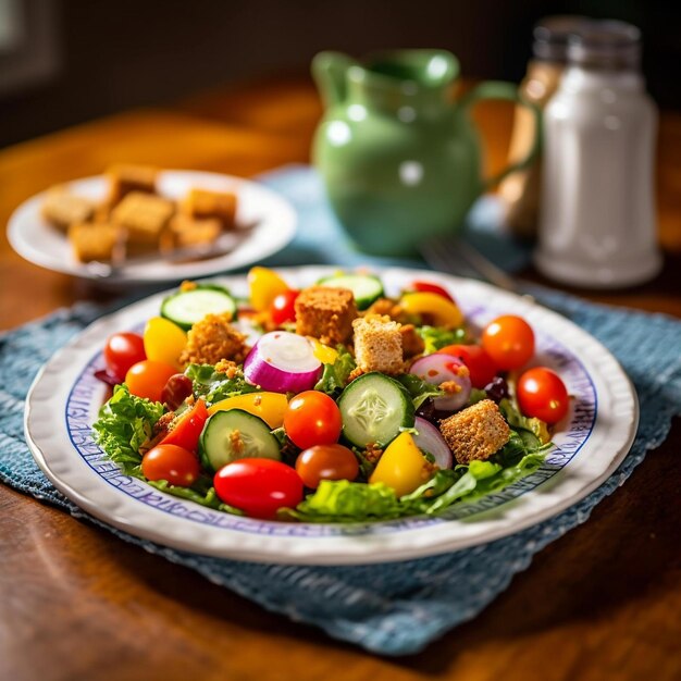 Photo colorful salad with tangy vinaigrette on white plate