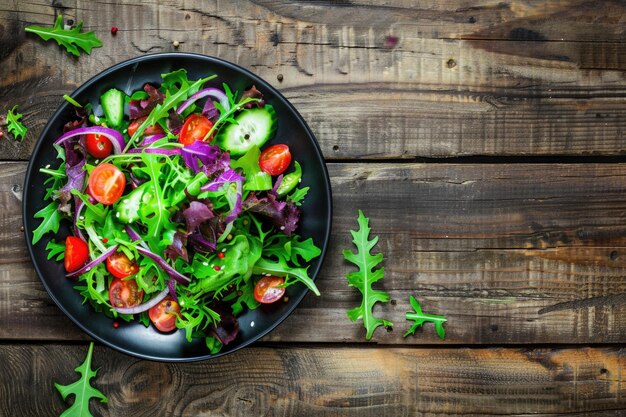 A colorful salad on a wooden table