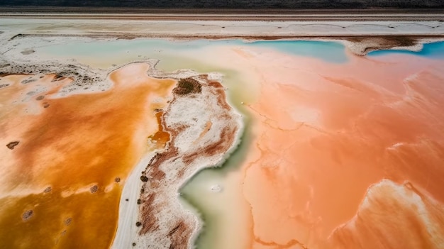 A colorful salt lake with a pink and orange colored substance.