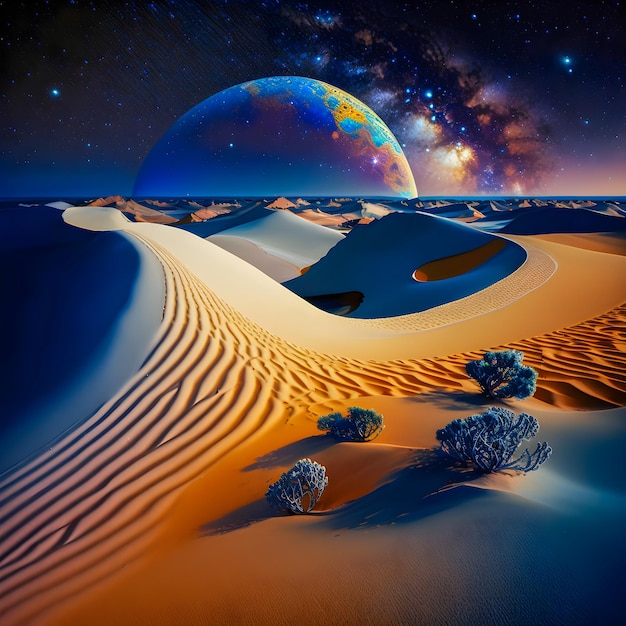 Colorful sand dunes with sky stars illustration