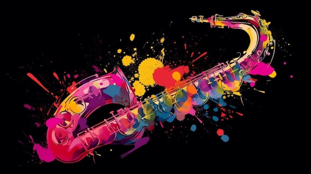 A colorful saxophone with a paint splatter on it.