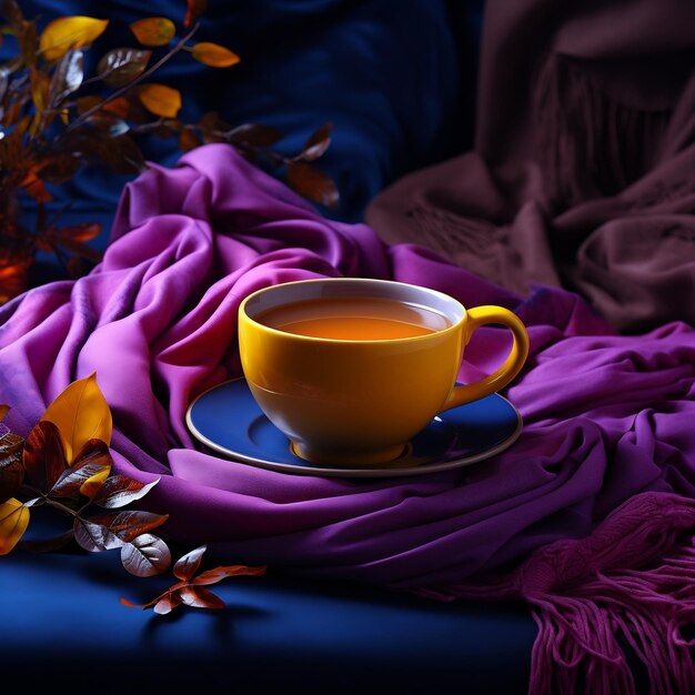 A colorful scarf with a cup of coffee or tea on it