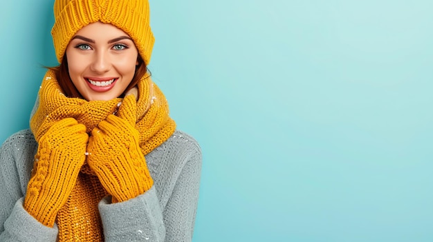 Photo colorful scarf woman with knitted hat on pastel background ample space for text placement