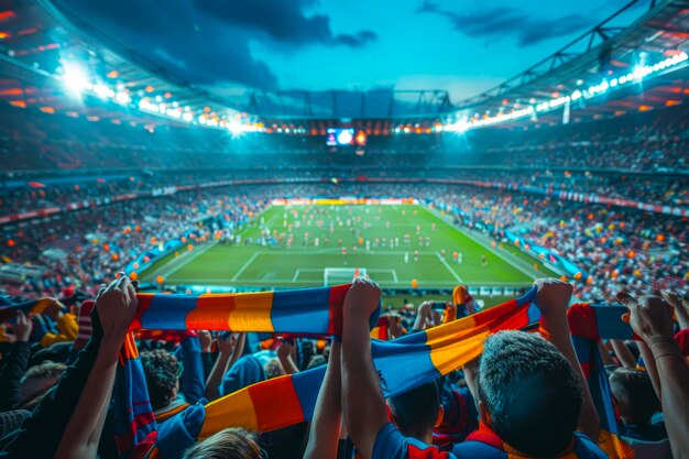 Photo colorful scarfwaving fans cheer on team in packed stadium at dusk a vibrant display of sport support and competition