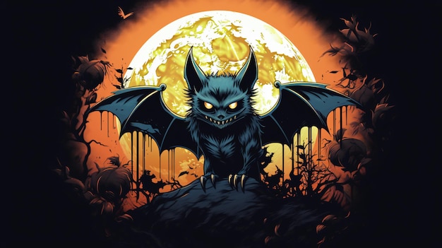 Colorful scary halloween moon and bat