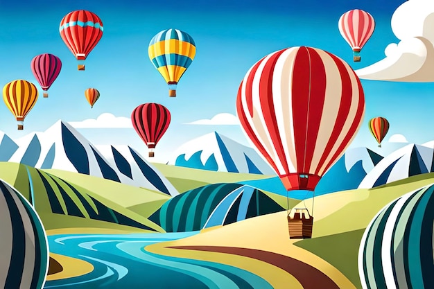 A colorful scene with hot air balloons flying over a mountain.