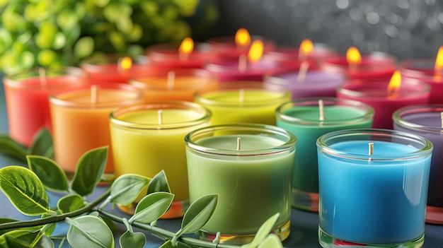 Colorful scented candles arranged with fresh green leaves