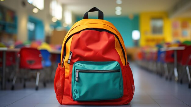 Colorful School Backpack in a Classroom