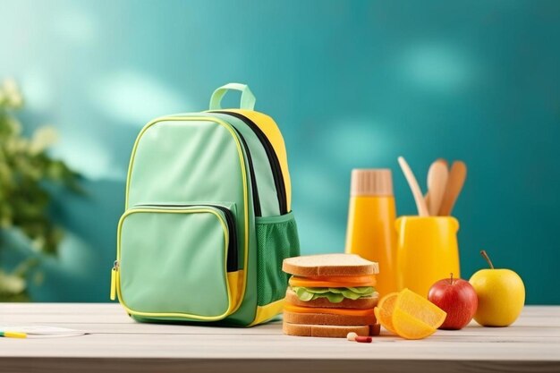 colorful school backpack and lunch box with fruits