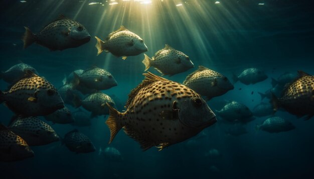 Colorful school of fish swim in majestic underwater reef landscape generated by artificial intelligence