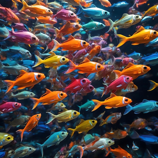 深海を泳ぐ色とりどりの魚の群れ
