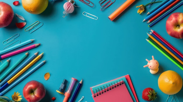 Colorful school supplies are scattered across a blue background