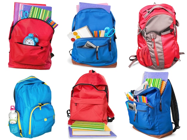 Colorful school supplies in backpack, collage on