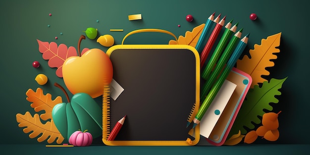 A colorful school supplies and a blackboard with a pencil on it