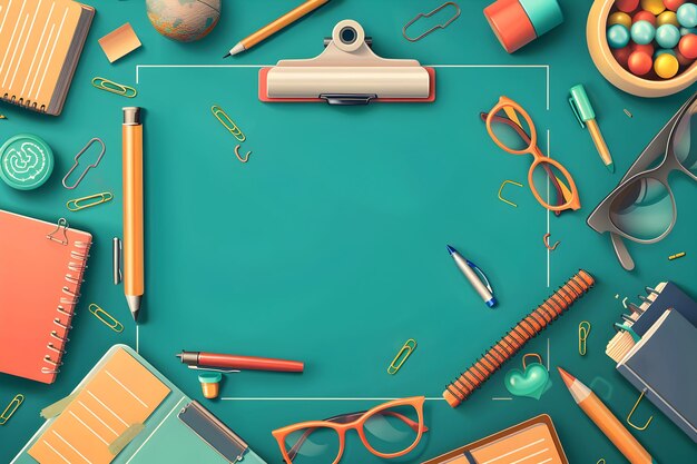 Colorful school supplies equipment items things illustration on green chalkboard background with copy space Back to school or happy teachers day and educational flat lay concept in vector style