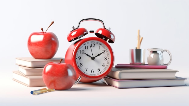 Colorful school supplies red alarm clock on white background Back to school Generative ai