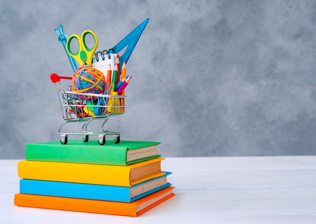 Colorful school supplies in the shopping basket on a gray background with a copy of the text space a...