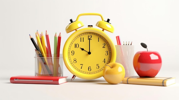 Colorful school supplies yellow alarm clock on white background Back to school Generative ai