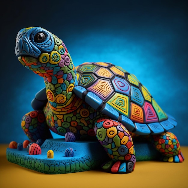 A colorful sculpture of a turtle with a blue background