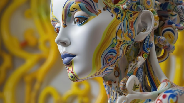 A colorful sculpture of a woman's face with a white face and a blue and yellow swirly pattern.