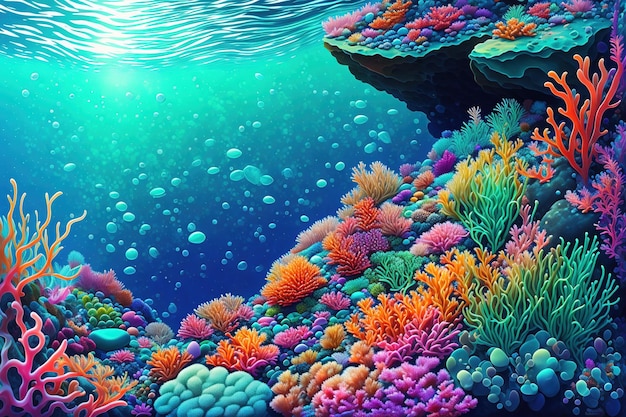 Colorful sea background with rocky bottom boulders algae and corals