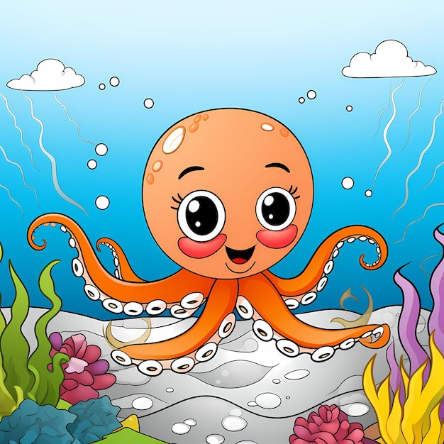 Colorful Sea Creatures Childrens Coloring Book featuring Cute Octopus