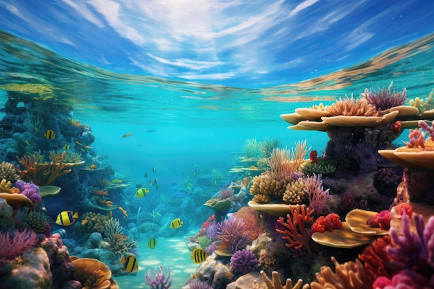 Colorful sea life coral reef with diverse fish in marine ecosystem