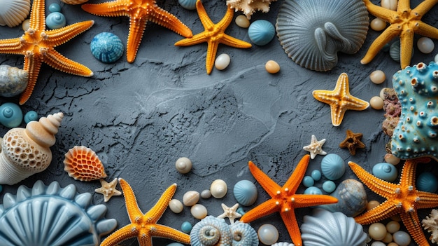 Colorful Sea Life Display with Starfish and Shells on Dark Background