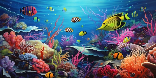 Colorful sea life swims in a tropical reef