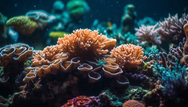 AI가 생성한 수중 낙원에서 다채로운 해양 생물이 번성합니다.